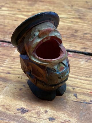 Vintage Painted Wooden Carved Man Small Ash Catcher/match Holder