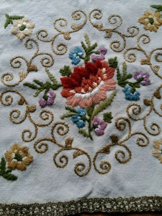 Antique Vintage Hand Embroidered Tapestry Metal Thread Flowers 14 "