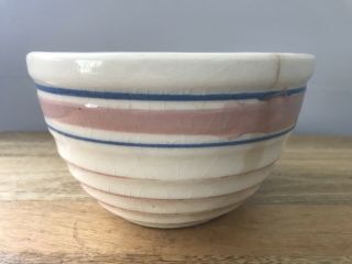 Antique Vintage Yellow Ware Beehive Mixing Bowl Pink Blue Stripes 6” Sara