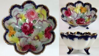 Antique Vtg Japanese Nippon Gold Cobalt Flow Blue Pink Rose Footed 5.  5 " Bowl