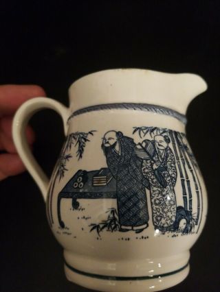 Vintage Blue & White Japanese Ceramic Pitcher With Domestic Scene