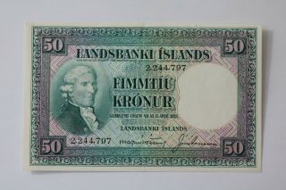 Iceland 50 Kronur L.  1928 (nd 1948 - 56) P 34a Banknote Rare Xf/au Details B20 Bk313