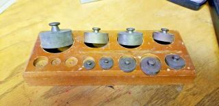 9 Antique Vintage Solid Brass Scale Balance Weight Set In Wooden Tray Grams