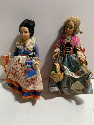 2 Vintage Magis Roma Cloth Felt Dolls Painted Face Made In Italy 8” W Tags
