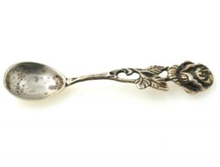 800 Silver Vintage Salt Spoon W/ Rose Handle 2 5/16 Inches Long