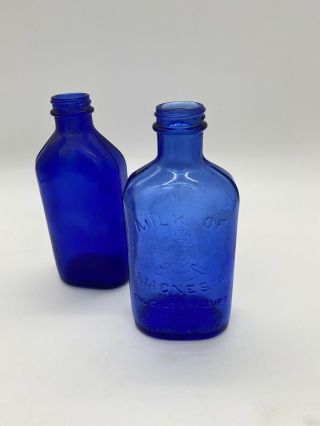 2 Vintage Antique Phillips Milk Of Magnesia Cobalt Blue 5” Glass Bottles