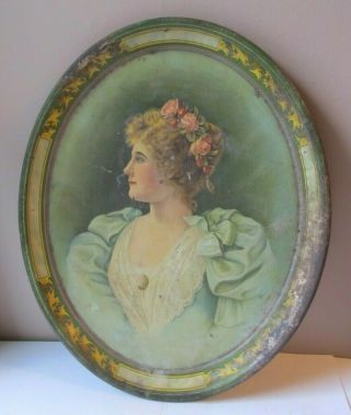 Antique Tin Litho Serving Tray Roses Victorian Girl Dress Jewelry Beer Ice Cream