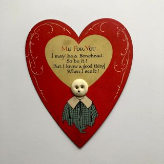 Rare Antique Vintage Halloween Valentine Skeleton Skull Bonehead Button Heart