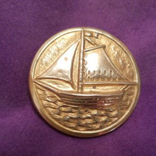 Antique Brass Picture Button,  Sailing Ship,  Schooner,  Nautical 1 - 5/8 "