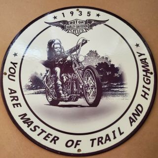 Vintage Porcelain 1935 Harley Davidson Motor Cycles Man Cave Rare Garage Sign