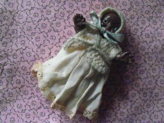 Antique Small Black Composition Baby Doll 7 " Fully Clothed Vintage (with Flaw)