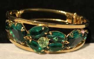 Rare Vintage Juliana D&e Gilt Green Glass Rhinestone Clamper Bracelet M2
