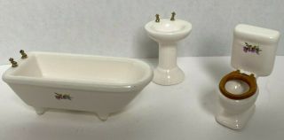 Vintage Ceramic Miniature Dollhouse Bathroom Set Bath Toilet Sink Floral 1:12