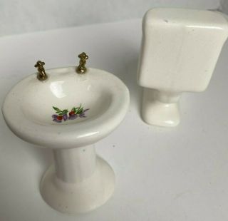 Vintage Ceramic Miniature Dollhouse Bathroom Set Bath Toilet Sink Floral 1:12 3
