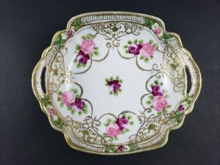 Antique Nippon Gold Moriage Hand - Painted Rose Trinket Dish