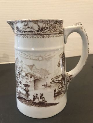 Vintage Ironstone Brown And White Transferware Pitcher