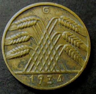 Germany Weimar Republic 1934 G 10 Pfennig Coin - Rare