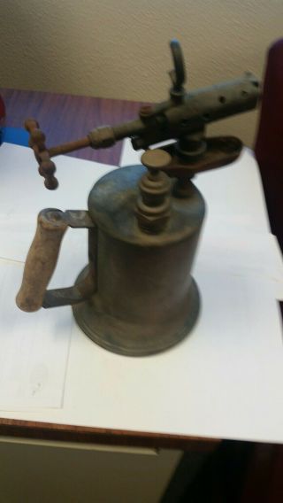 Vintage Antique Brass Gas/kerosene Blow Torch With Wood Handle,  Paint Burner