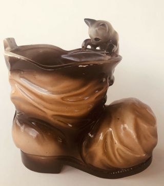 Rare And Unique Vintage Ceramic Planter With Gray Cat On Brown Boot