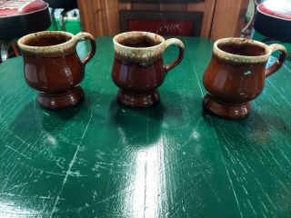 3 Vintage Mccoy Brown Drip Footed Pedestal Coffee Mugs Cups Usa Rare