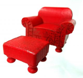 Vtg 1930s Strombecker Dollhouse Furniture Red Rolled Arm Chair And Footstool Usa