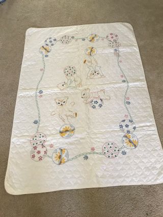 Vintage Antique Hand Embroidered Quilt,  Throw,  Blanket 1940s 58”x 41”