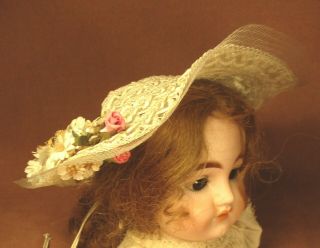 Vintage Doll Hat - Bonnet - Ivory Straw W/pink & White Flowers