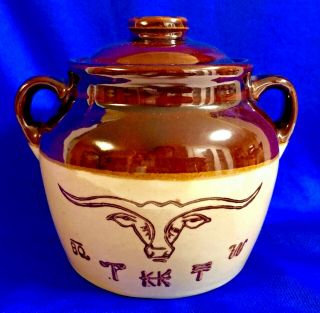 Antique Monmouth Usa Pottery Bean Pot W/lid - Longhorn Steer & Cattle Brand Design