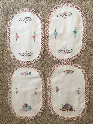 4 Vintage Antique Handmade Crochet Lace Doilies Placemats Table