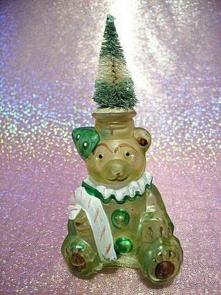 Rare Vtg Christmas Santa Bear W Green & White Bottle Brush Tree Figurine