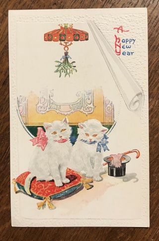 2 White Cats Kittens Top Hat Cane Year—antique Vintage Embossed Postcard