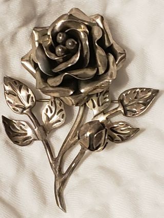 Antique Detailed Brooch/pin Sterling Silver Flower Rose Mexico Tc - 150
