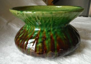 Antique Pottery Jardiniere Planter Green/brown Mottle Glaze,  Unmarked 6 1/2 " Vgc