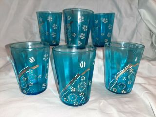 6 Pc Antique Victorian Drinking Glasses Aqua Blue Hand Painted Flowers W/gold