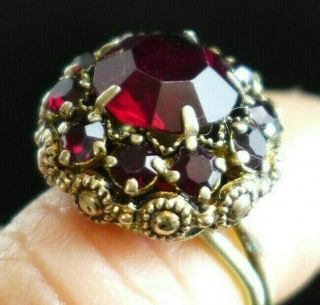 Antique Deco Czech Ruby Glass Brass Filigree Flower Ring Estate Size 6 - 8 Adj