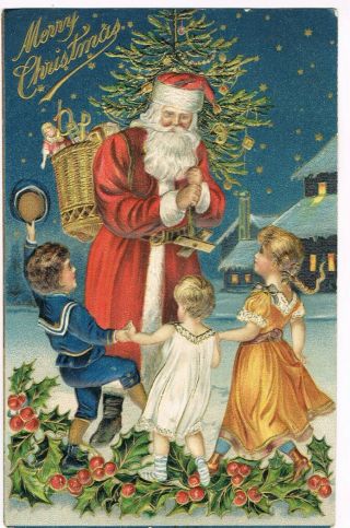 Antique Embossed Christmas Postcard Children Dancing Around Santa Claus