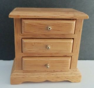 Doll House Miniature Wood Oak Side Table Night Stand 3 Drawers Vintage