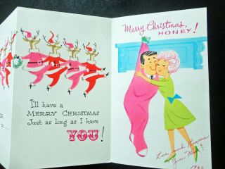 Vintage Rare Mid Century Christmas Card Hubby Lady Man Pink Dancing Reindeer