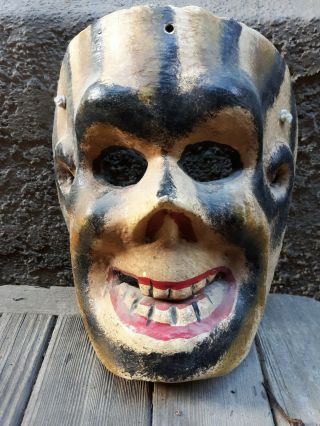 Antique Estate Hand Carved Wood Tribal Facial Mask Yellow & Blk Stripes Teeth