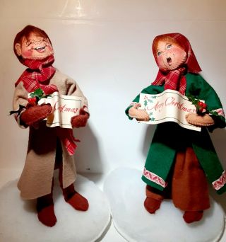 Annalee Vintage Felt Christmas Dolls Boy And Girl With Stands