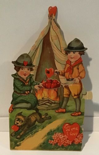 Antique Boy And Girl Scout Camping Vintage Mechanical Valentine Plate,  Arm Move