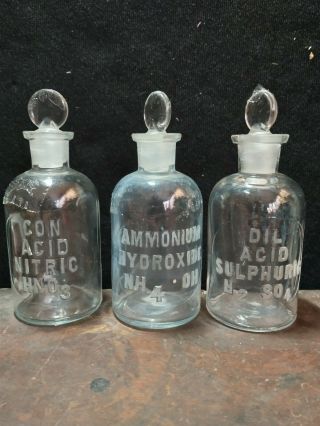 Rare Laboratory Antique 3 T.  C.  W.  Co Glass Stopper Embossed Apothecary Bottles