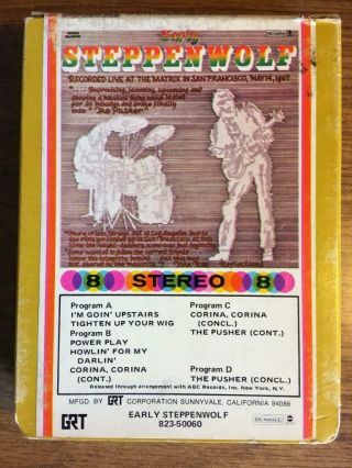 Early Steppenwolf Vintage Rare 8 Track Tape Late Nite Bargain