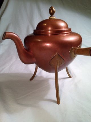 Rare Antique Copper Teapot Pot With Brass Legs And Wooden Handle