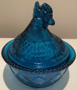Rare Vintage Westmoreland Blue / Teal Large Glass Hen On Nest,  Stunning, 2