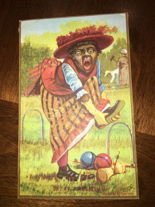 Vintage Antique Trade Card Black Woman Playing Croquet Het Hurt Foot Sports