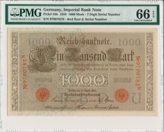 Imperial Bank Note Germany 1000 Mark 1910 Rare For Pmg 66epq