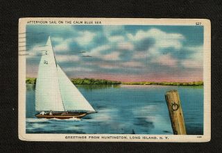 Huntington Long Island Ny York Sailboat Greetings Vintage Linen Postcard