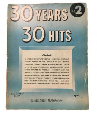 30 Years 30 Hits No.  2 Sheet Music And Song Book Vintage 1953 Miller Music Corp