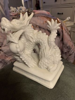 Rare Fitz And Floyd White Porcelain Dragon Sculpture Figurine